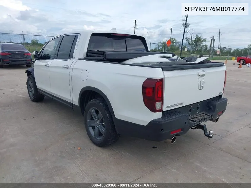 2021 Honda Ridgeline Rtl VIN: 5FPYK3F76MB017774 Lot: 40320360