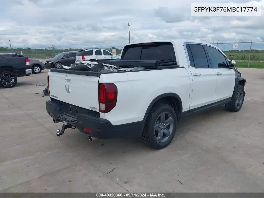 2021 Honda Ridgeline Rtl VIN: 5FPYK3F76MB017774 Lot: 40320360