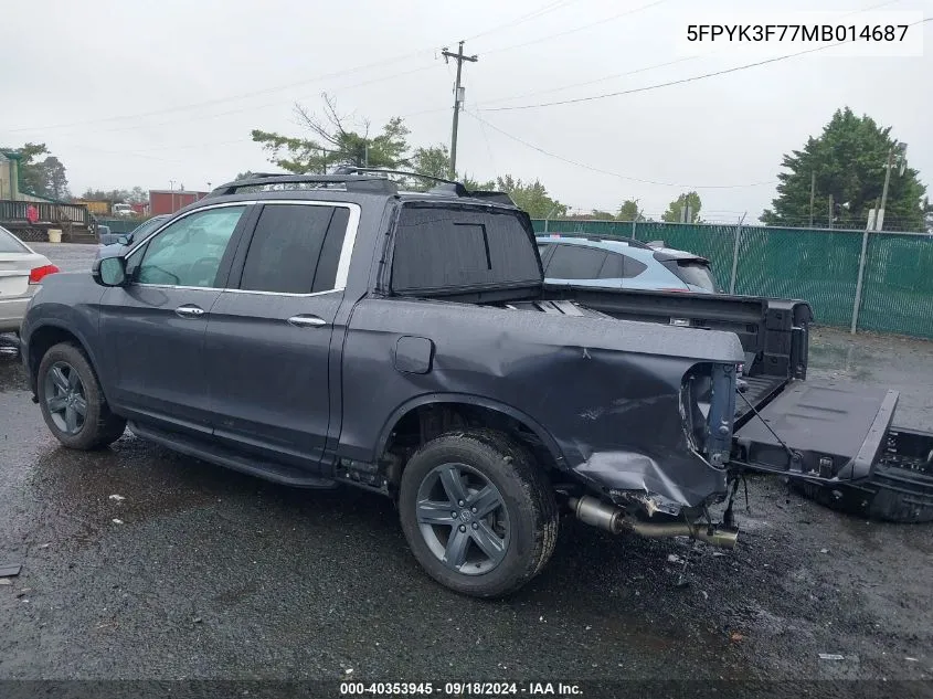 2021 Honda Ridgeline Rtl-E VIN: 5FPYK3F77MB014687 Lot: 40353945