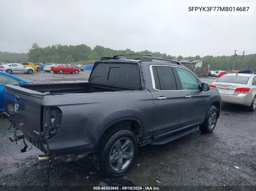 2021 Honda Ridgeline Rtl-E VIN: 5FPYK3F77MB014687 Lot: 40353945