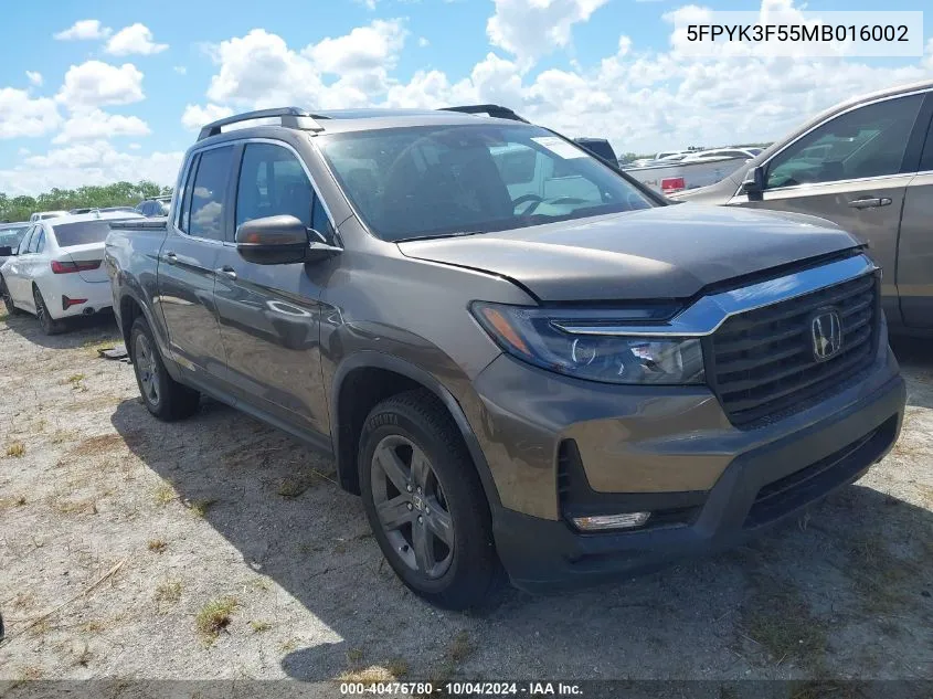 2021 Honda Ridgeline Awd Rtl VIN: 5FPYK3F55MB016002 Lot: 40476780