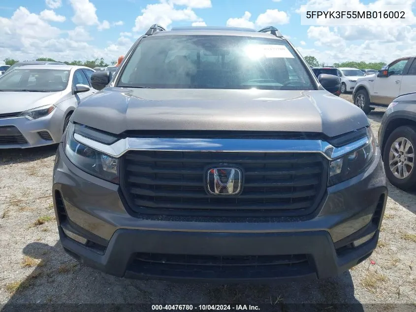 2021 Honda Ridgeline Awd Rtl VIN: 5FPYK3F55MB016002 Lot: 40476780