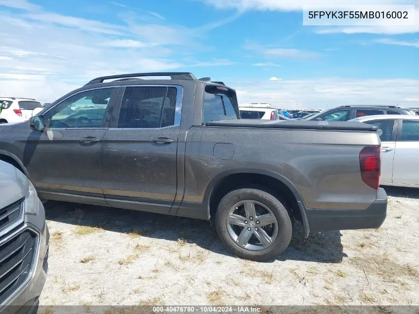 2021 Honda Ridgeline Awd Rtl VIN: 5FPYK3F55MB016002 Lot: 40476780