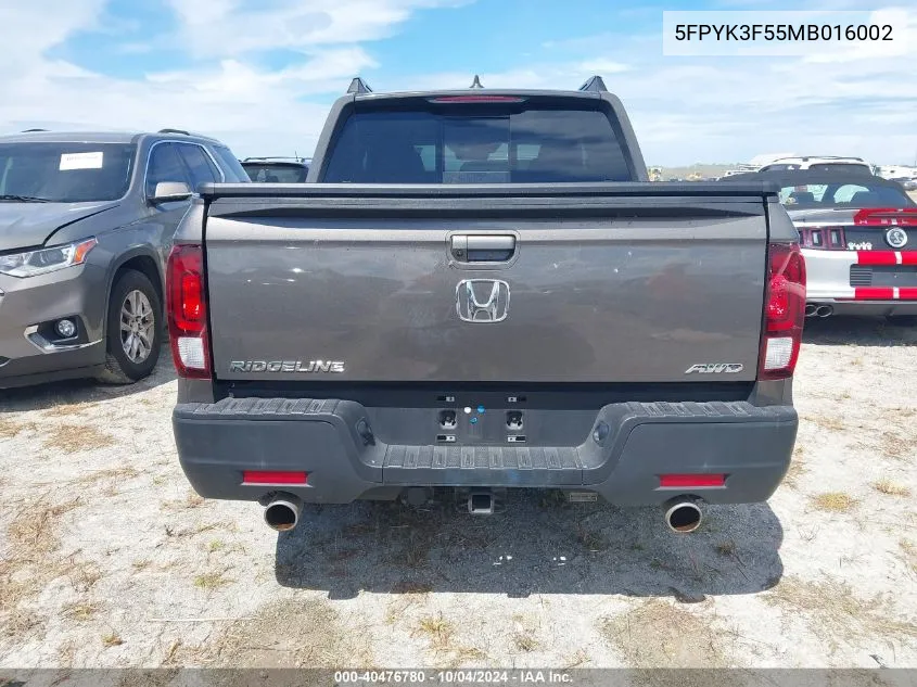 2021 Honda Ridgeline Awd Rtl VIN: 5FPYK3F55MB016002 Lot: 40476780