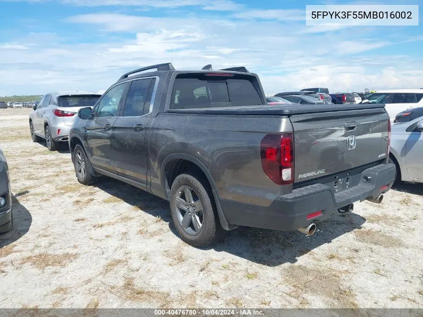 2021 Honda Ridgeline Awd Rtl VIN: 5FPYK3F55MB016002 Lot: 40476780