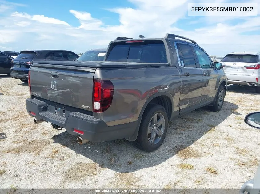 2021 Honda Ridgeline Awd Rtl VIN: 5FPYK3F55MB016002 Lot: 40476780