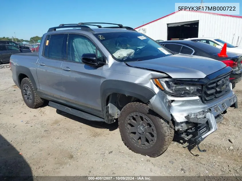 5FPYK3F17MB000722 2021 Honda Ridgeline Awd Sport