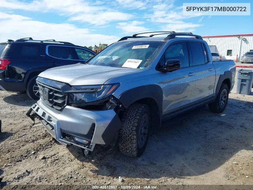 2021 Honda Ridgeline Awd Sport VIN: 5FPYK3F17MB000722 Lot: 40512807