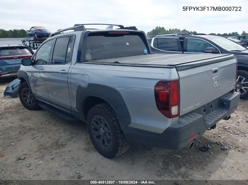 2021 Honda Ridgeline Awd Sport VIN: 5FPYK3F17MB000722 Lot: 40512807