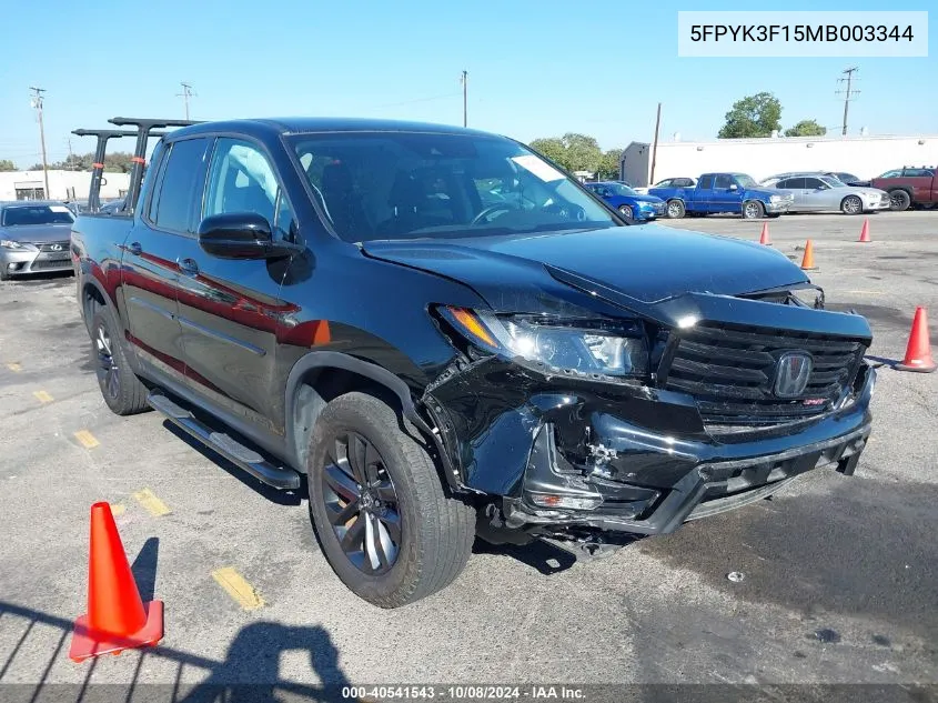 2021 Honda Ridgeline Awd Sport VIN: 5FPYK3F15MB003344 Lot: 40541543