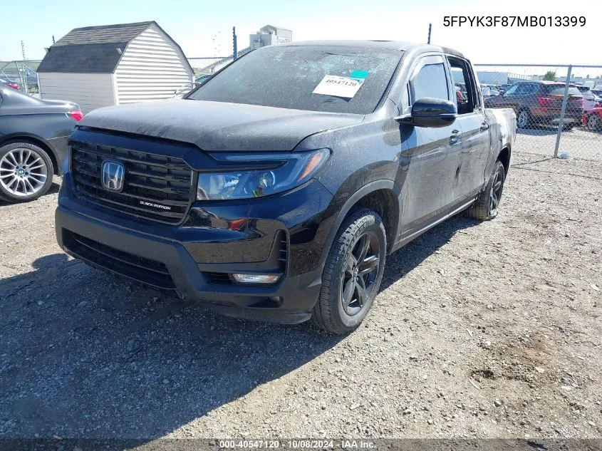 2021 Honda Ridgeline Black Edition VIN: 5FPYK3F87MB013399 Lot: 40547120