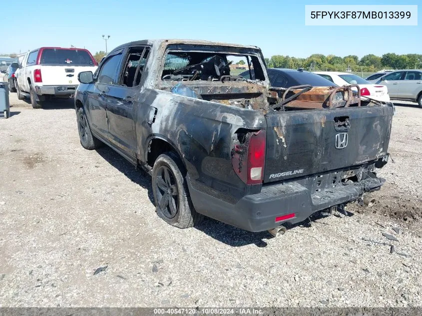 2021 Honda Ridgeline Black Edition VIN: 5FPYK3F87MB013399 Lot: 40547120