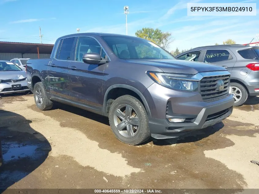 2021 Honda Ridgeline Awd Rtl VIN: 5FPYK3F53MB024910 Lot: 40645559