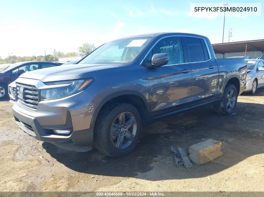 2021 Honda Ridgeline Awd Rtl VIN: 5FPYK3F53MB024910 Lot: 40645559