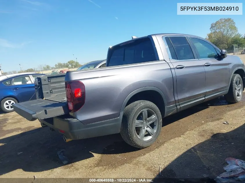 2021 Honda Ridgeline Awd Rtl VIN: 5FPYK3F53MB024910 Lot: 40645559