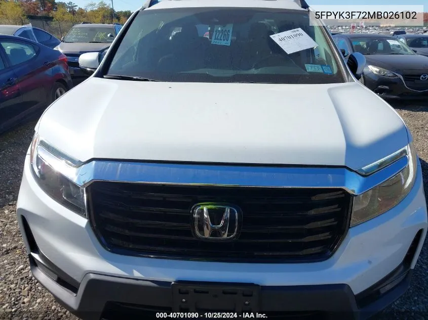 2021 Honda Ridgeline Rtl-E VIN: 5FPYK3F72MB026102 Lot: 40701090