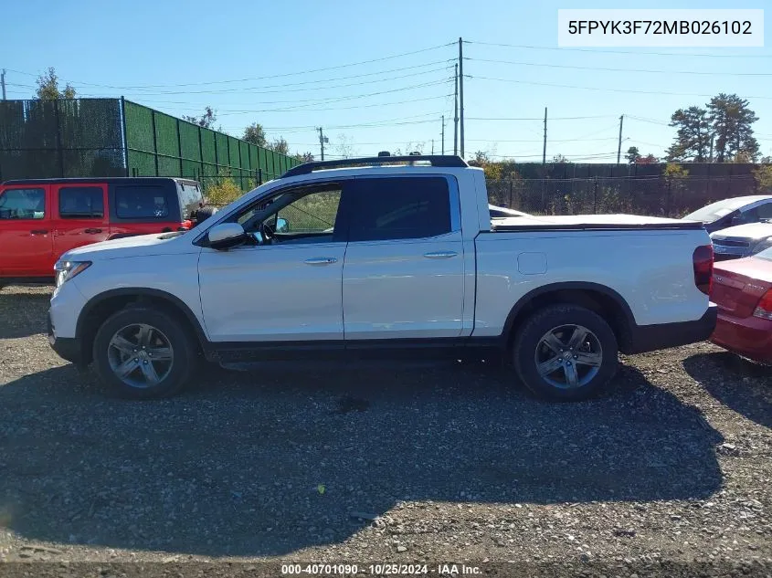 2021 Honda Ridgeline Rtl-E VIN: 5FPYK3F72MB026102 Lot: 40701090