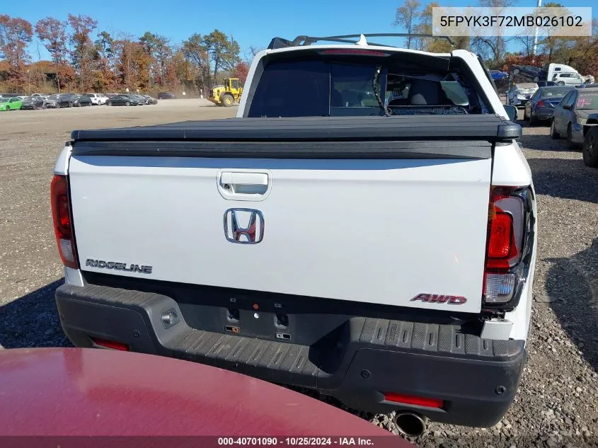 2021 Honda Ridgeline Rtl-E VIN: 5FPYK3F72MB026102 Lot: 40701090