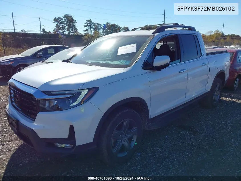 2021 Honda Ridgeline Rtl-E VIN: 5FPYK3F72MB026102 Lot: 40701090