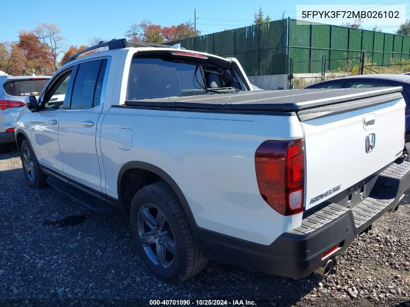 2021 Honda Ridgeline Rtl-E VIN: 5FPYK3F72MB026102 Lot: 40701090