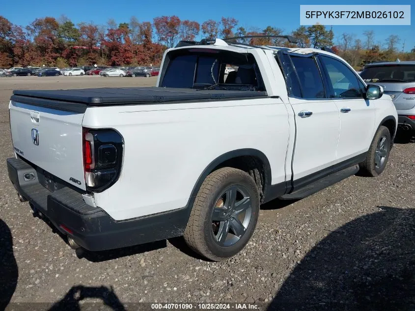 2021 Honda Ridgeline Rtl-E VIN: 5FPYK3F72MB026102 Lot: 40701090