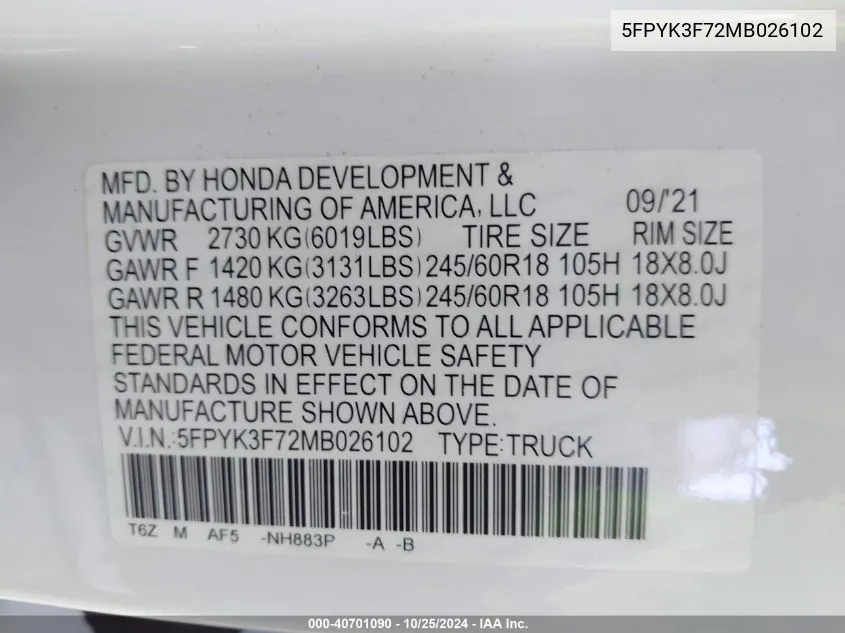 2021 Honda Ridgeline Rtl-E VIN: 5FPYK3F72MB026102 Lot: 40701090