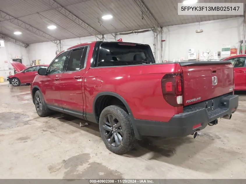 2021 Honda Ridgeline Awd Sport VIN: 5FPYK3F13MB025147 Lot: 40902308