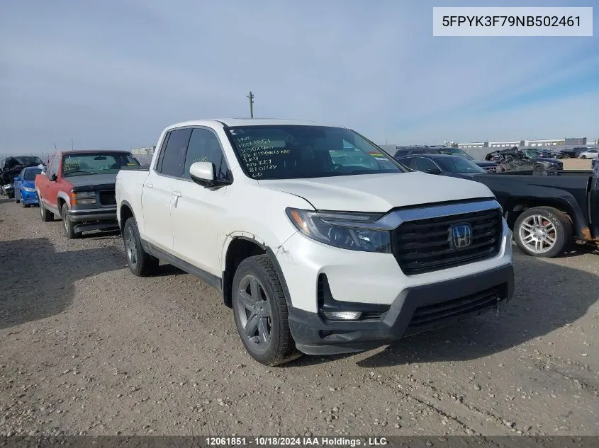 2022 Honda Ridgeline VIN: 5FPYK3F79NB502461 Lot: 12061851