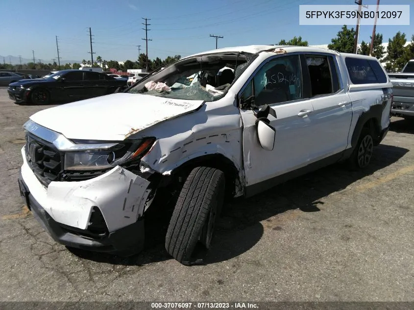 2022 Honda Ridgeline Rtl VIN: 5FPYK3F59NB012097 Lot: 37076097