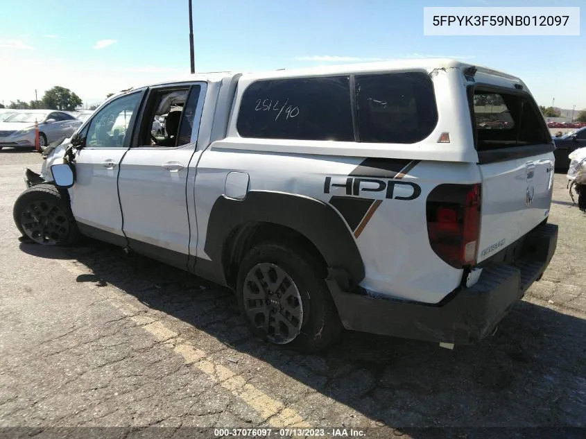 2022 Honda Ridgeline Rtl VIN: 5FPYK3F59NB012097 Lot: 37076097