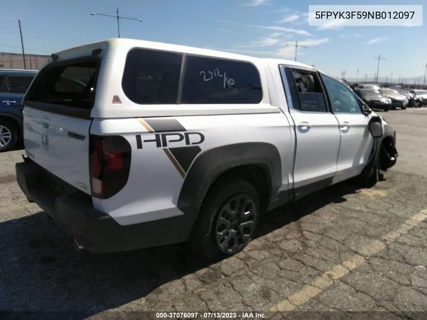 2022 Honda Ridgeline Rtl VIN: 5FPYK3F59NB012097 Lot: 37076097