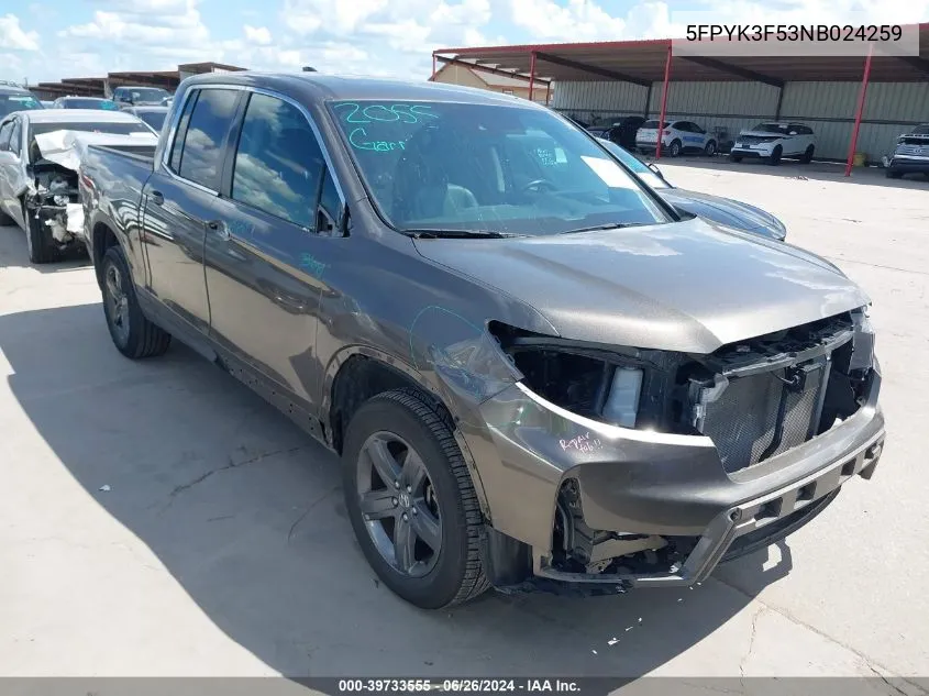 2022 Honda Ridgeline Rtl VIN: 5FPYK3F53NB024259 Lot: 39733555