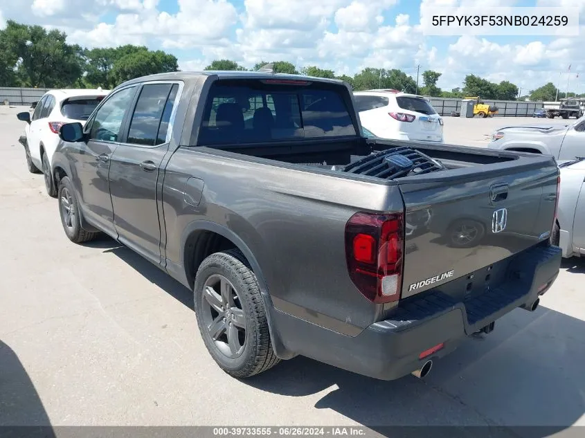 2022 Honda Ridgeline Rtl VIN: 5FPYK3F53NB024259 Lot: 39733555