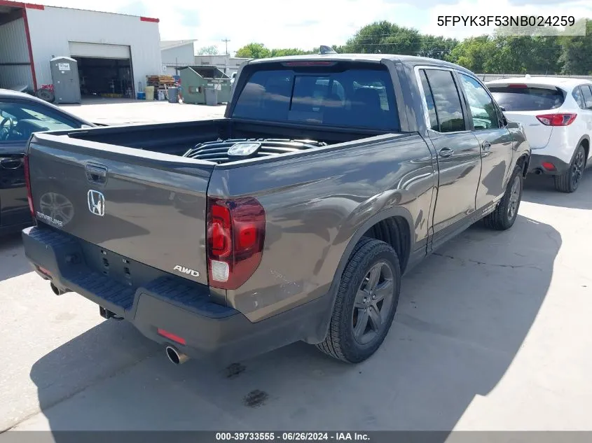 2022 Honda Ridgeline Rtl VIN: 5FPYK3F53NB024259 Lot: 39733555