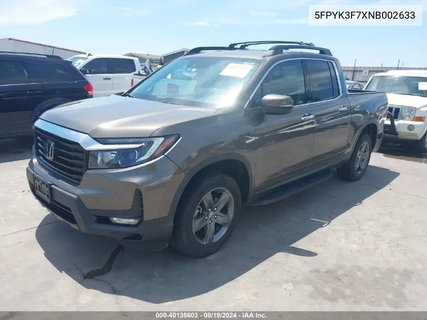 2022 Honda Ridgeline Rtl-E VIN: 5FPYK3F7XNB002633 Lot: 40135603