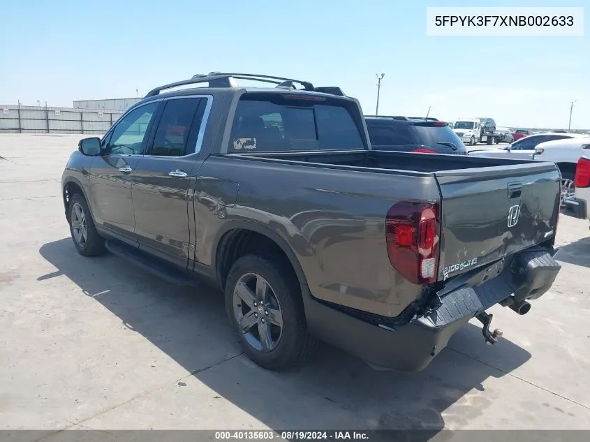 2022 Honda Ridgeline Rtl-E VIN: 5FPYK3F7XNB002633 Lot: 40135603