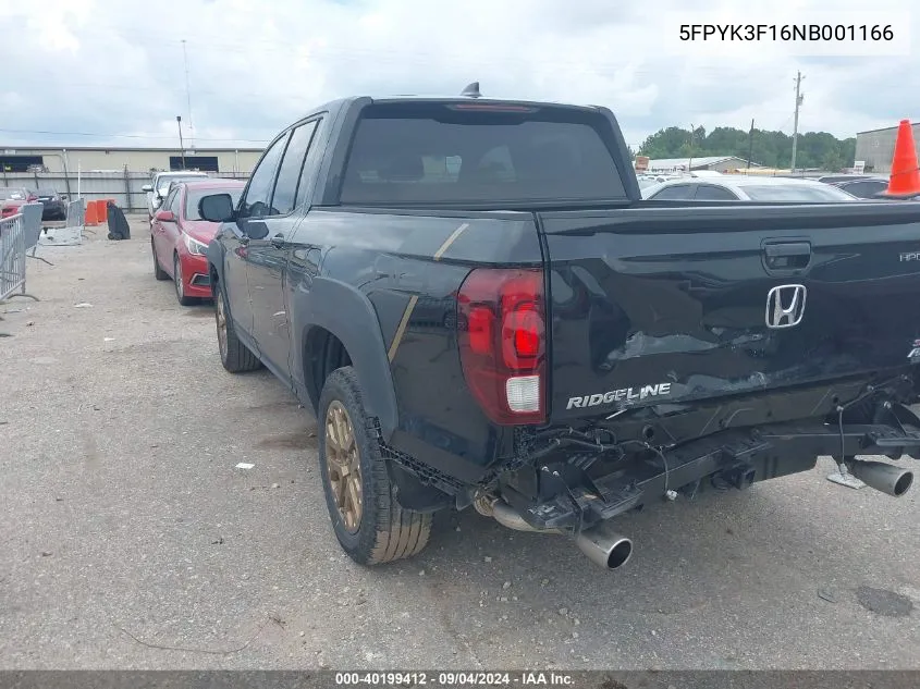 2022 Honda Ridgeline Sport VIN: 5FPYK3F16NB001166 Lot: 40199412