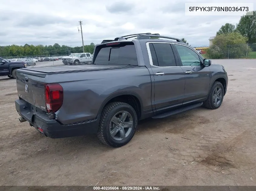 2022 Honda Ridgeline Rtl-E VIN: 5FPYK3F78NB036473 Lot: 40235604