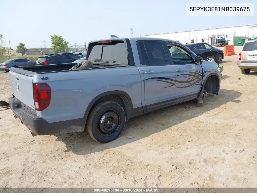 2022 Honda Ridgeline Black Edition VIN: 5FPYK3F81NB039675 Lot: 40293104