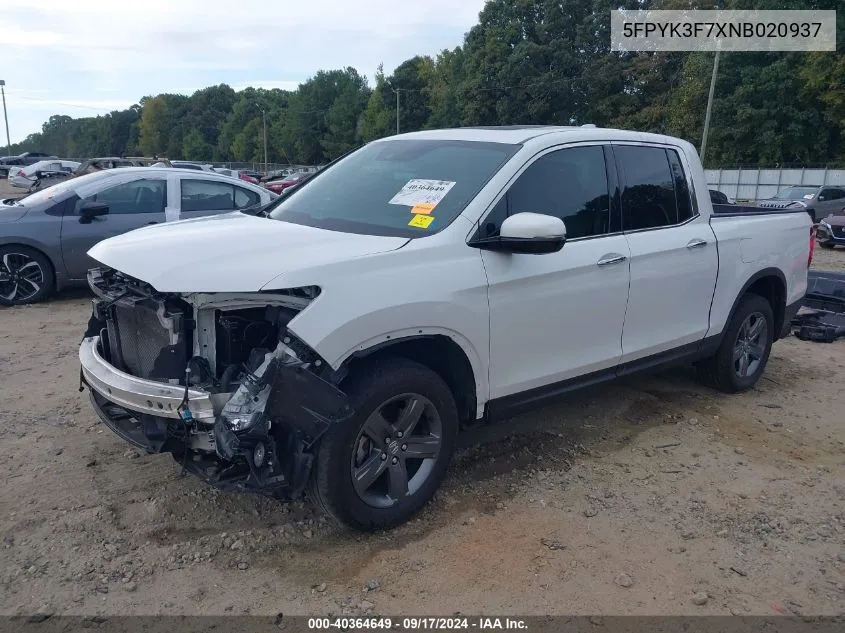 2022 Honda Ridgeline Rtl-E VIN: 5FPYK3F7XNB020937 Lot: 40364649