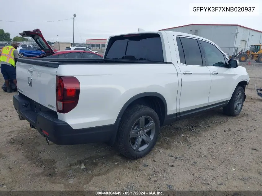 2022 Honda Ridgeline Rtl-E VIN: 5FPYK3F7XNB020937 Lot: 40364649