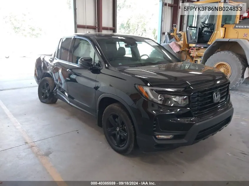 2022 Honda Ridgeline Black Edition VIN: 5FPYK3F86NB024833 Lot: 40385559