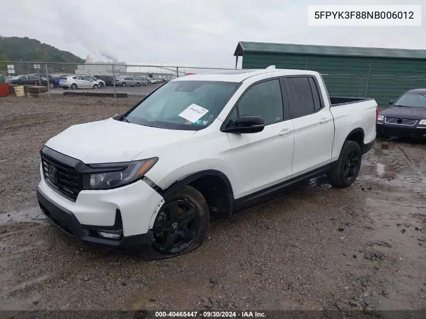 2022 Honda Ridgeline Black Edition VIN: 5FPYK3F88NB006012 Lot: 40465447