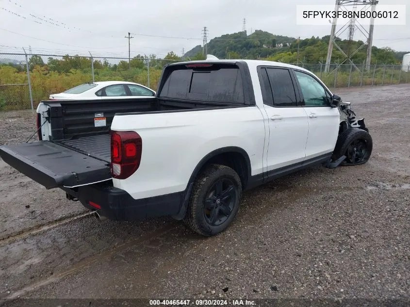 2022 Honda Ridgeline Black Edition VIN: 5FPYK3F88NB006012 Lot: 40465447