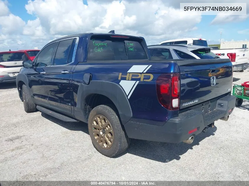 5FPYK3F74NB034669 2022 Honda Ridgeline Rtl