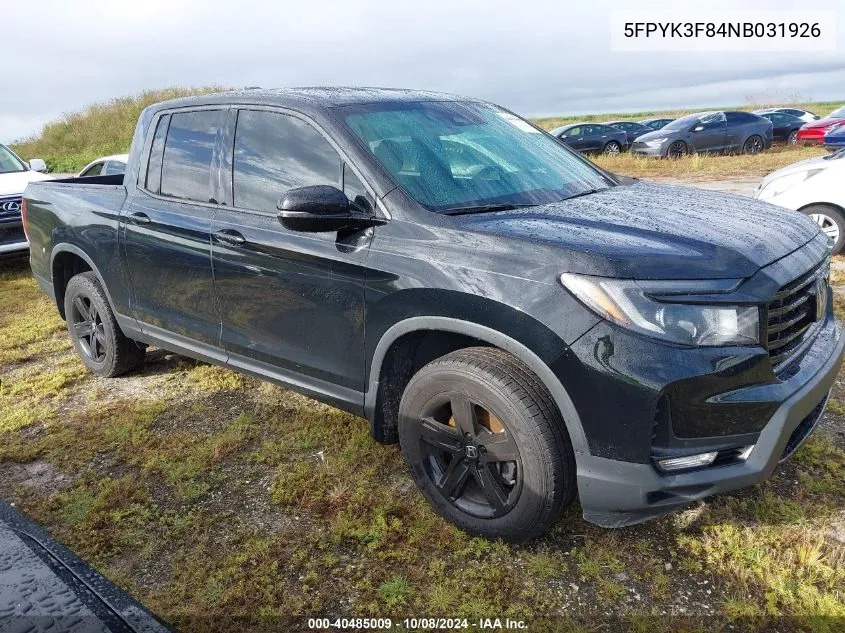 2022 Honda Ridgeline Black Edition VIN: 5FPYK3F84NB031926 Lot: 40485009