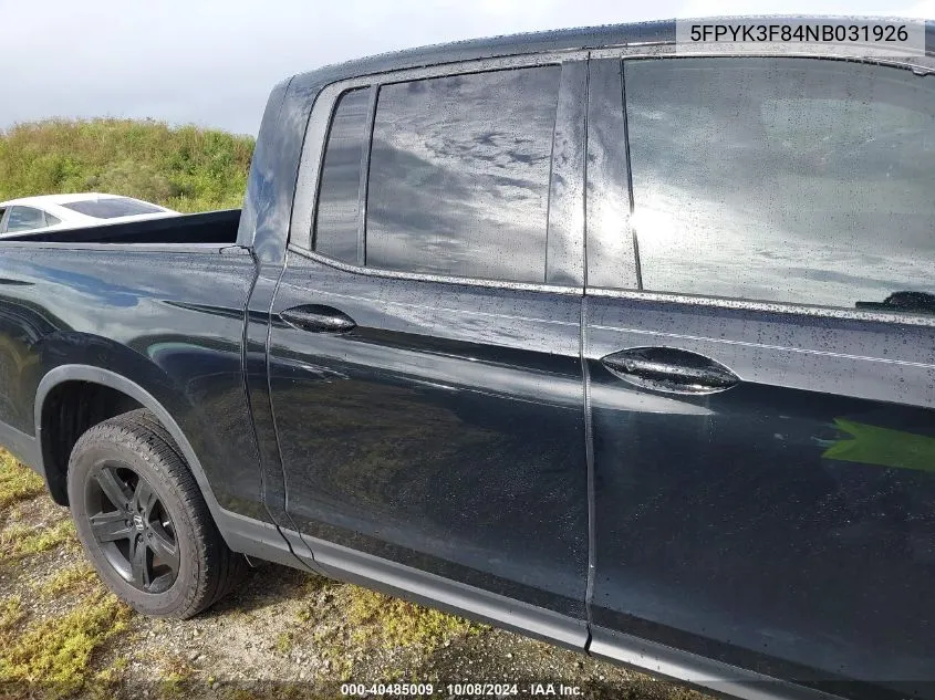 2022 Honda Ridgeline Black Edition VIN: 5FPYK3F84NB031926 Lot: 40485009