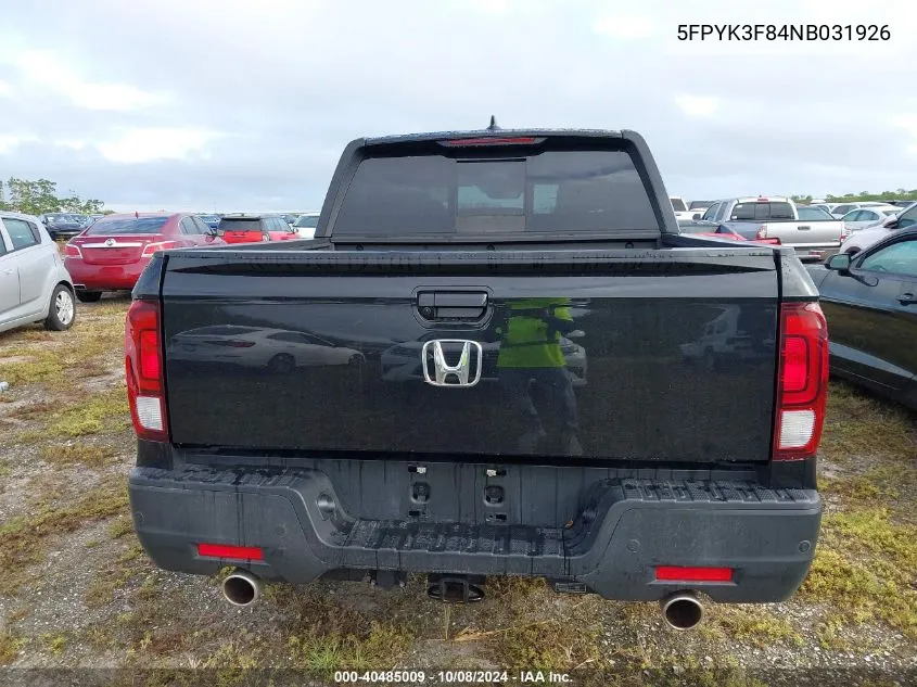 2022 Honda Ridgeline Black Edition VIN: 5FPYK3F84NB031926 Lot: 40485009