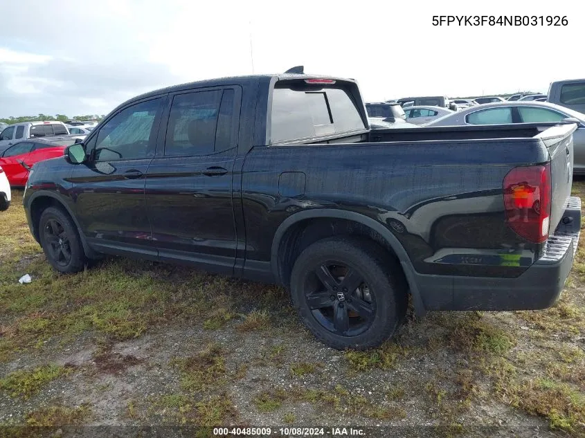 2022 Honda Ridgeline Black Edition VIN: 5FPYK3F84NB031926 Lot: 40485009