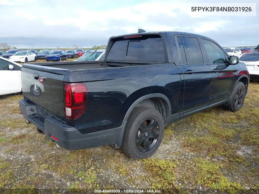 2022 Honda Ridgeline Black Edition VIN: 5FPYK3F84NB031926 Lot: 40485009